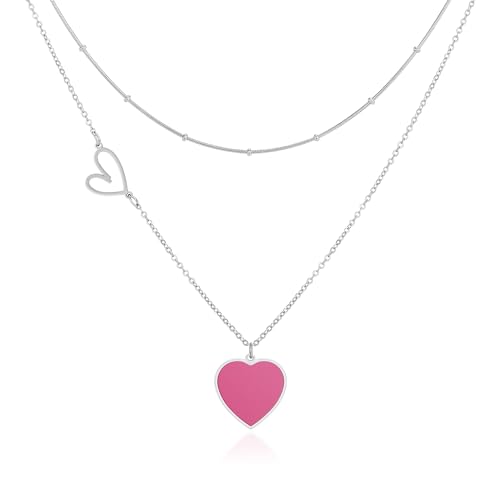 Linawe Collier en forme de cœur, chaîne en argent, chaîne en acier inoxydable, chaîne rose, chaîne avec pendentif, bijoux en argent pour femme