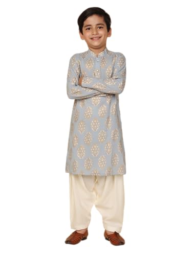 Image of KISAH Kid's Full Sleeves Cotton Blend Knee Length Printed Sky Blue Kurta Patiala Set (3-4Y)