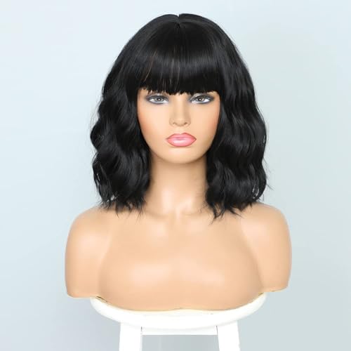 PORSMEER Short Pastel Wavy Black Bob Wig with Fringe Natural Looking Synthetic Hair Wigs for Women Girls Halloween Costume Party Or Daily Wear - Image 3