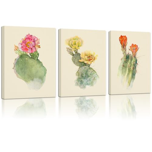 crmotu Floral Botanical Wall Art Set of 3, Cactus Flowers Vintage Wall Decor, Tropical Plant Watercolor Canvas Prints, Minimalist Wall Pictures of Living Room Bathroom Kitchen Farmhouse, 12x16inch