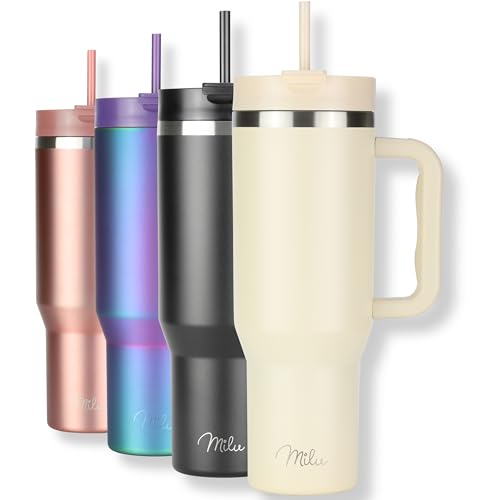 Milu Termico con Asa y Pajita 1200ml, Botella de Agua Acero Inoxidable Aislado, Taza térmica, Vaso de viaje para café helado, 24h helado / 12h caliente - 40oz (Cream, 1200ml)
