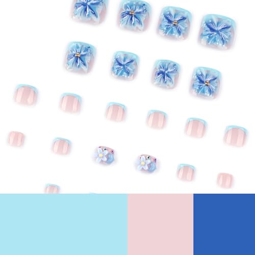 Image of Blue 3D Flower Press on Toenails Short Square Fake Toe Nails with Floral Design Glossy Full Cover Light Blue French Tip Stick on Toenails for Women Spring Manicure 24Pcs