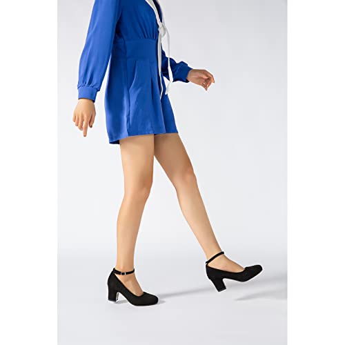 Women's Ankle Strap Low Block Chunky Heels Pumps Closed Round Toe Dress Wedding Office Work Shoes3