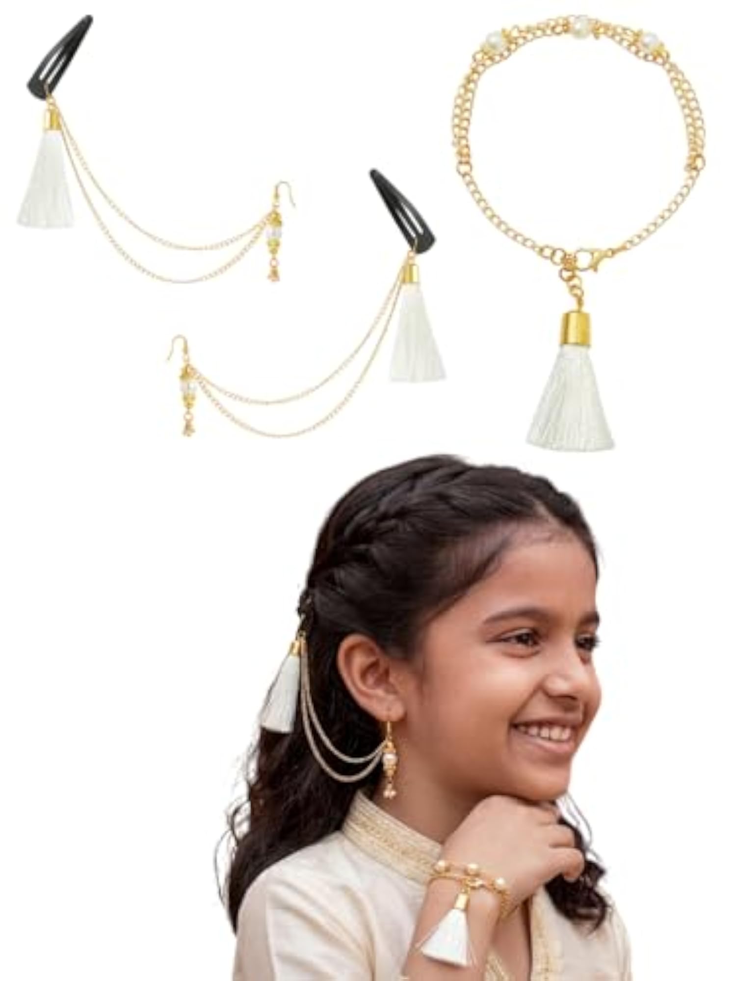 3pc Festive Set of Light Blue Beaded Tassel Earrings & Bracelet
