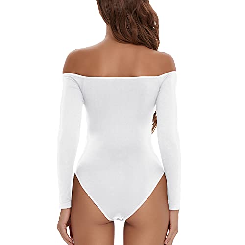 Joyshaper Off Shoulder Bodysuit For Women Fashion Long Sleeve Bodysuits Tops Bodycon Jumpsuit Leotards Sexy Rompers (White-1, Medium) #TOP4