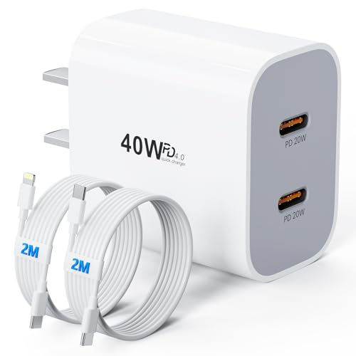 USB C Charger, 40W Dual Port Fast Charger with 2M USB C Cable & Lightning Cable, PD 20W iPhone Charger Plug for iPhone 17/16/15/14/13, iPad, Galaxy, Pixel, and More