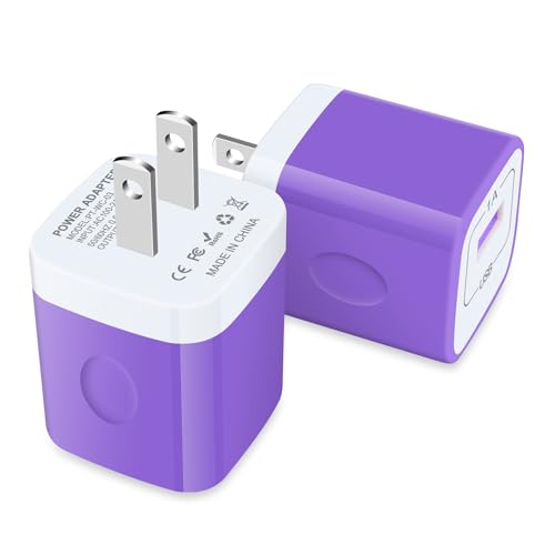 USB-A Wall Plug Charger Purple for Google Pixel 8a 8 7 Pro,Samsung Galaxy A55/A15/A53,S24/S23/S22/S21,2-Pack USB Power Adapter Charging Cube Brick Plug Charger Box for iPhone 15/14/13/12/11