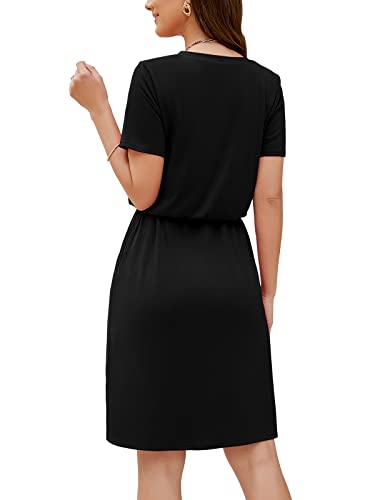 HUSKARY Women Summer Casual Midi Dresses Short Sleeve V Neck Drawstring Knee Length T Shirt Dress with Split and Pocket4
