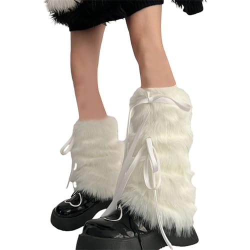Women Gothic Punk Harajuku Plush Leg Warmers Japanese JK Sweet Ribbon Bowknot Warm Furry Boots Cover Leg Sleeve Socks