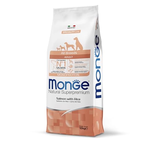 Monge Natural Superpremium Crocchette per Cani Adulti Tutte le Razze, Monoproteico con Salmone e Riso, 12 kg