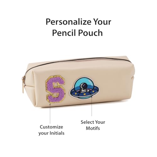Image of AICA Gifts Personalized Leather Pencil Pouch (Cream) with Embroidered Alphabet & Patch | Pencil Pouch for Kids | Birthday Gift | Birthday Return Gift |Gift for Kids Age 6-10