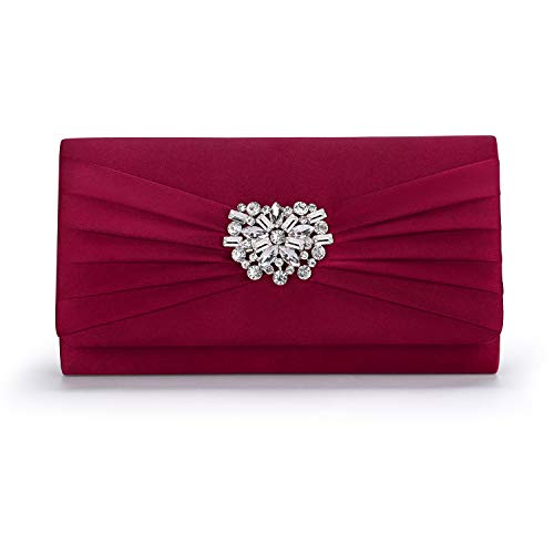 Image of Evening Bags For Women Pleated Satin Rhinestone Brooch Prom Clutch Purse With Detachable Chain Strap