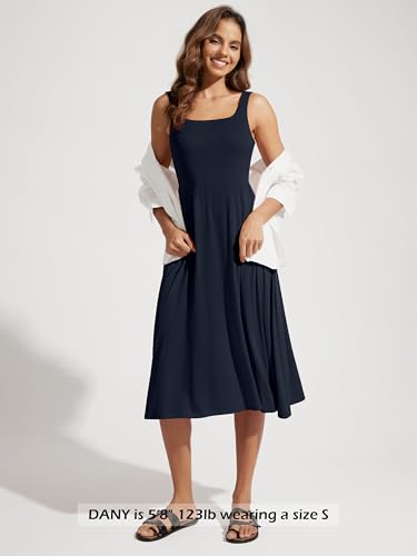 Image of ODODOS Square Neck Midi Dress with Pockets for Women Summer Casual Sleeveless Sundress Flare Tank Dress