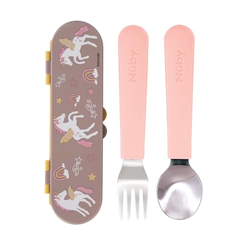 Nuby Stainless Steel Toddler Utensils with Travel Case - Self-Feeding Fork & Spoon Set for Kids - Easy-to-Hold Training Utensils - Rounded Safe Edges for Self-Feeding - Unicorns