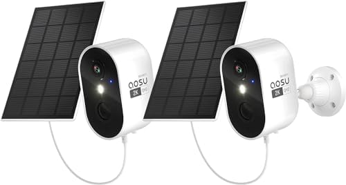 AOSU 2K Telecamera Wifi con Pannello Solare, Telecamera Wi-Fi Esterno Senza Fili, Videocamera Sorveglianza, Colore Visione Notturna, Rilevatore di Movimento PIR, Sirena, Audio a 2 Vie (2 PACK)