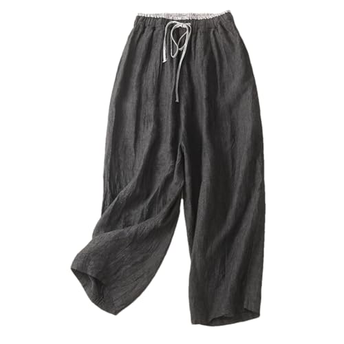 Women Summer Cotton and Linen Harem Pants Thin Lace Up Elastic Waist Ankle-Length Trousers