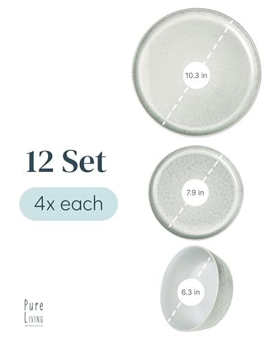 Image of 12 Piece Stoneware Dinnerware Set for 4 - Handmade Reactive Glaze Plates and Bowls Set - Chip & Scratch Resistant Dish Set - Dishwasher Microwave Safe - Light Beige