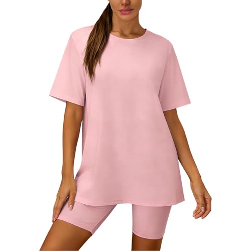 Haut à manches courtes rose et short pour femme taille L : ensemble de sport deux pièces