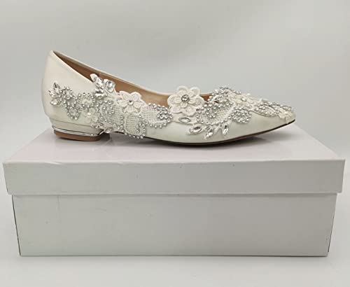 Sweet women Stylish Pearls Flat Wedding Shoes For Bride 3D Floral Appliqued Prom Low Heels Plus Size Pointed Toe Lace Bridal Shoes2