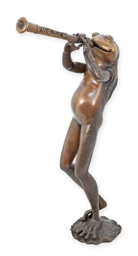 aubaho Fuente gárgola rana con flauta, réplica de bronce, diseño retro, decoración