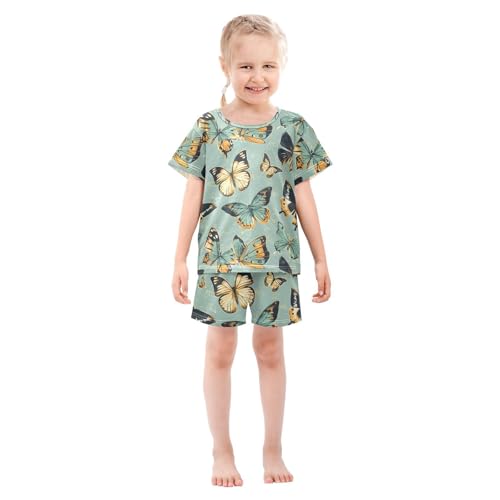 ALAZA Butterfly Green Cartoon Pajamas Short Sleeve 2 Piece Sleepwear Top and Bottom Pajama Set Unisex3