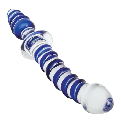Image of Adam & Eve Twisted Love Glass Dildo and Butt Plug, Double Ended, Curved for G Spot and Prostate Stimulation, Textured Swirls, Plug Shaped End for Backdoor Play, Temperature Play, 9 Inches, Glass