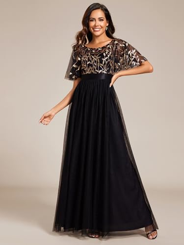 Ever-Pretty Women's Formal Dresses Crew Neck Sequin Ruffle Sleeve Empire Waist Beaded Long Evening Dresses 009043