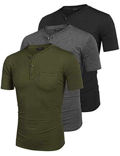 Coofandy Men's 3Pack Henley Shirts Short Sleeve Casual Front Placket Basic Summer Solid T Shirts #TOP3