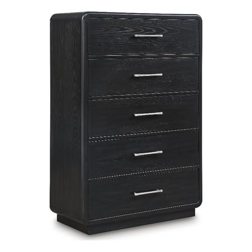 Bowery Hill Black Chest of Drawers, 40"W x 18"D x 57"H, Hardwood Solids and Ash Veneer, Curved Waterfall Edges, 5 Smooth-Gliding Drawers with Burnished Nickel-Tone Pulls, Art Deco Style for Bedroom