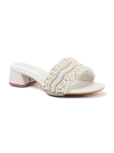 Image of ELLE Women's Elegant Pearl Sandal Beaded Low Heel Sandals for Special Occasions