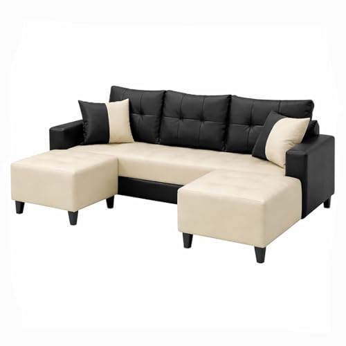 Image of SLEEPIFY Harlon Leatherette Fabric 3 Seater Sofa Set with 2 Ottoman (Cream - Black) | Comfortable & Spacious Seating | Modern Sofa Set for Living Room | Soft Touch Upholstery