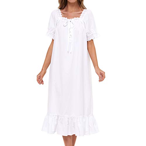 Image of Lu's Chic Women's Victorian Nightgown Cotton Sleepwear Long Loungewear Short Sleeve Vintage