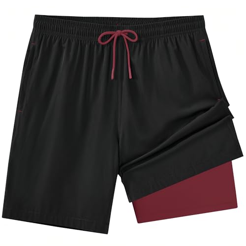 Zoofly Mens Swim Trunks 2 in 1 Swim Shorts Quick Dry Board Shorts with Zipper Pockets and Compression Liner Black XXL