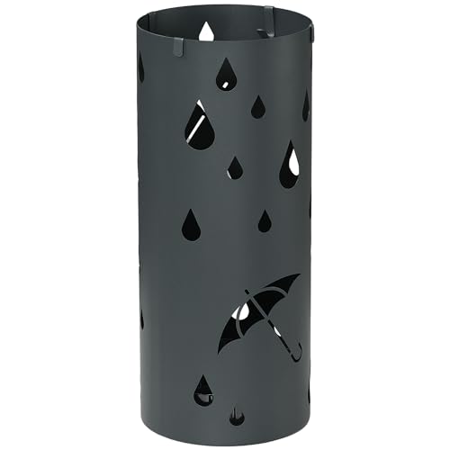 HOMCOM Galvanised Steel Umbrella Holder, Hollowed Umbrella Stand with 4 Hooks and Removable Drip Tray, Round Umbrella Basket for Hallway, Dark Grey - Cosy Home Interiors HOMCOM Galvanised Steel Umbrella Holder, Hollowed Umbrella Stand with 4 Hooks and Removable Drip Tray, Round Umbrella Basket for Hallway, Dark Grey