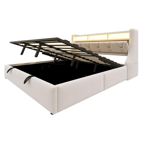 NNJN Cama tapizada de 180 x 200 cm, cama de almacenamiento hidráulico, cabecero tapizado plegable con espacio de almacenamiento, enchufe y compartimento de almacenamiento, iluminación LED, patas de