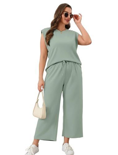 Image of SAMPEEL Two Piece Sets for Women Casual Travel Vacation Outfits Summer Wide Leg Crop Pants Lounge Sets