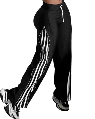 Calça feminina listrada CHICME com cordão na cintura e perna larg...