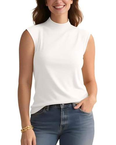 Zengjo Sleeveless Tops for Women - Mock Neck Fitted Tank Top, Ribbed Knit Layering Shirt for Work or Casual