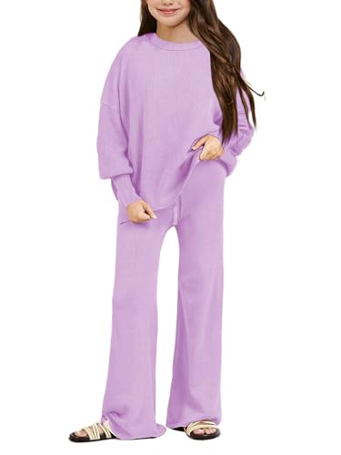 Image of Haloumoning Girls 2 Piece Outfits Kids Long Sleeve Crewneck Sweater Drawstring Wide Leg Long Pants Sweatsuits Sets 5-14T