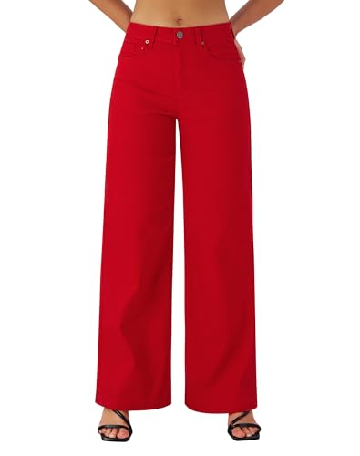roswear Womens Wide Leg Jeans High Waisted Stretchy Denim Trouser Pants Red Medium