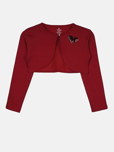 Image of KiddoPanti Girls Fleece Crop Length Shrug | Cotton Poly Fleece Fabric |Sequin Patch on Chest | Front Open Pearl Button Closure | Crop Length, Full Sleeve | Lightweigth & Breathable Girls Shrug