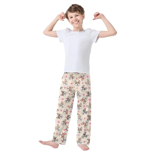 Corgi Dog Pink Flowers Boys Long Pants Soft Trousers Elastic Waist Kids Lounge Bottoms with Pockets S-XL2