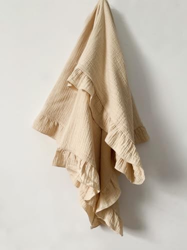 Cotton Muslin Baby Blanket for Girls | Soft, Breathable Muslin Baby Blanket with Ruffle Edge 35x35Inches(Khaki)