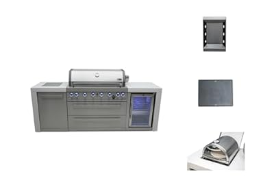 Mont Alpi MAi805-DFC-COMBO 44-inch 6 Burner 115000 BTU Stainless Steel Gas Outdoor Kitchen Island Barbecue Grill with Fridge Cabinet + Side Burner Pizza Oven, Charcoal Tray & Griddle Plate