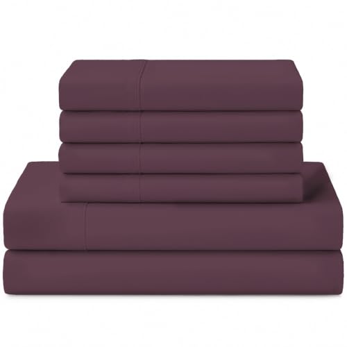 Image of Linen Home 100% Cotton Percale Sheets Queen Size, Damson Berry, Deep Pocket, 6 Pieces Set- 1 Flat, 1 Fitted and 4 Pillowcases, Crisp Cool and Long Staple Strong Bed Linen