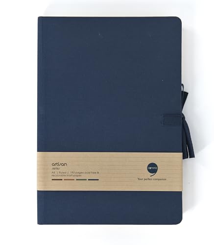 Image of COMMA Artisan Navy Blue Hard Bound Notebook, A5 Size | 192 Pages, 100gsm Ruled Kraft Paper, Linen Fabric Cover, Ribbon Closure