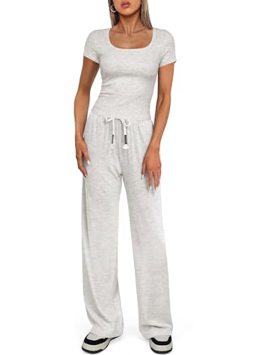 Darong Women's Two Piece Outfit Short Sleeve Scoop Neck T Shirts with Wide Leg Pants Active Tracksuit Lounge Set