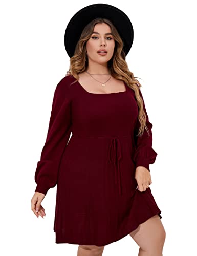 Image of Women's Plus Size Casual Sweater Dress Square Neck Long Lantern Sleeve Tie Waist Loose Pullover Sweater Dresses