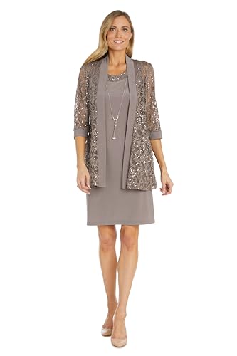 Image of R&M Richards Women's Embellished Sequin Lace Jacket and Shift Dress with Necklace for Mother of the Bride & Cocktail Party