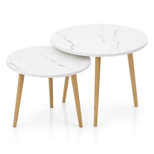 Image of Round Nesting Coffee Table Set of 2, Marble Finish Top, Wooden Legs, for Living Room (Black)